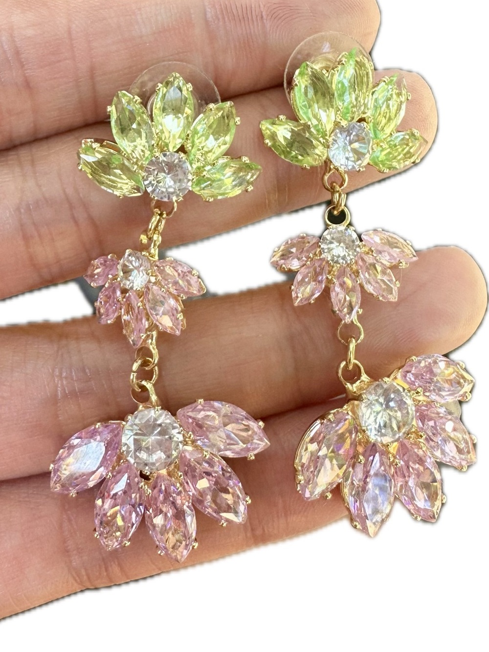 Gold-Tone Pink & Light Green Crystal Drop Earrings